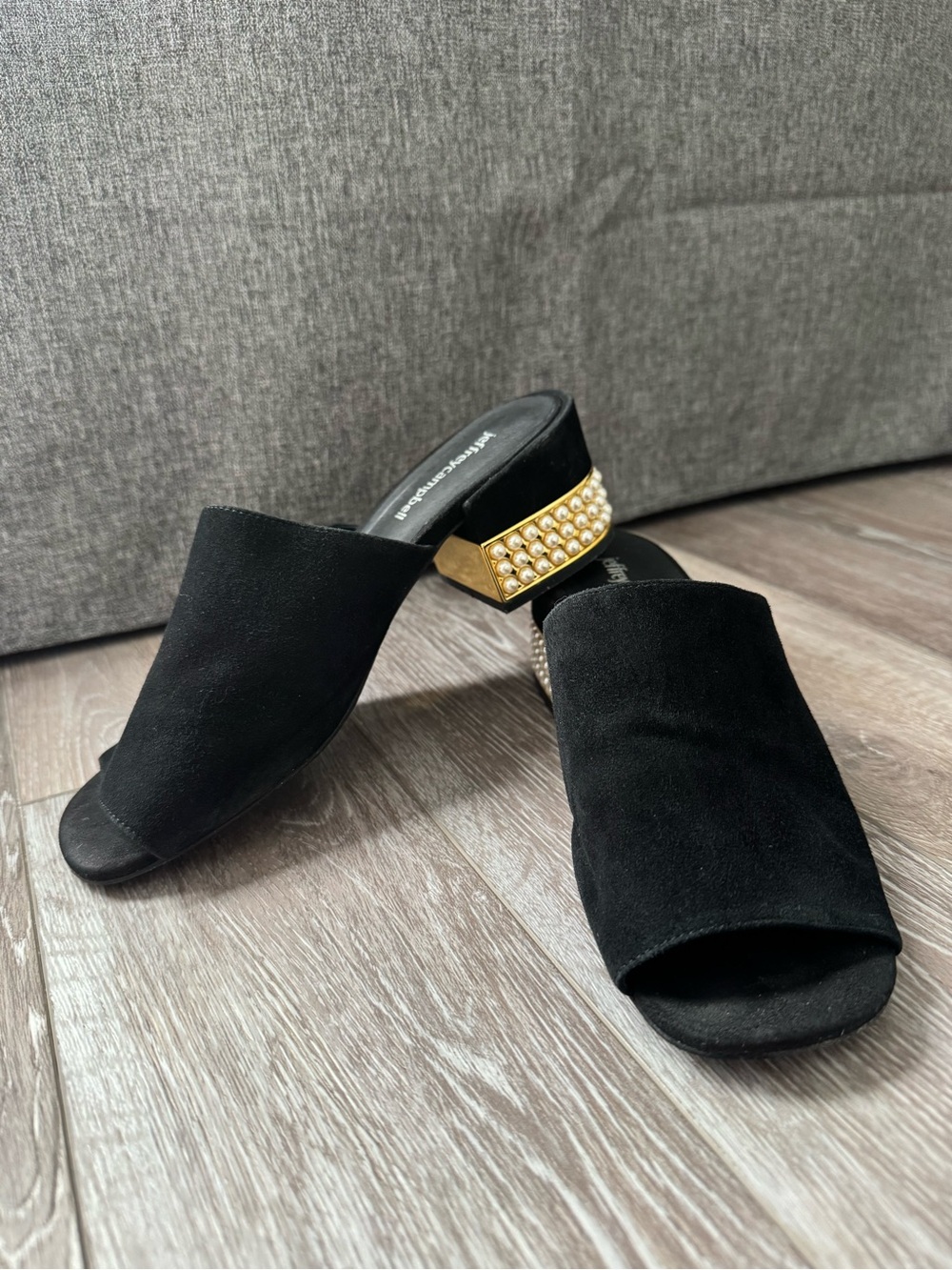 Jeffrey Campbell Black Suede Pearl-Embellished Block Heel Mules